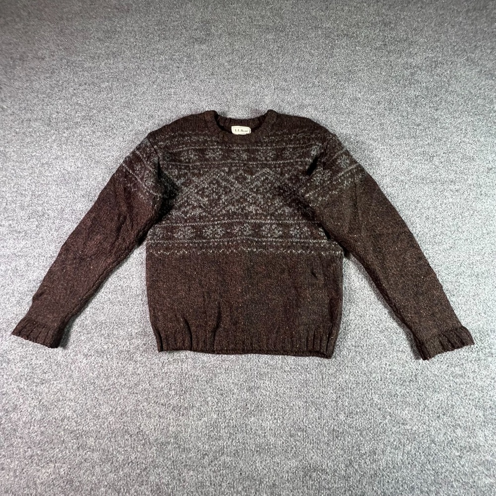 Vintage L.L.Bean Sweater Mens Small Reg Brown Fair Isle Wool Blend Knit Cozy Y2K